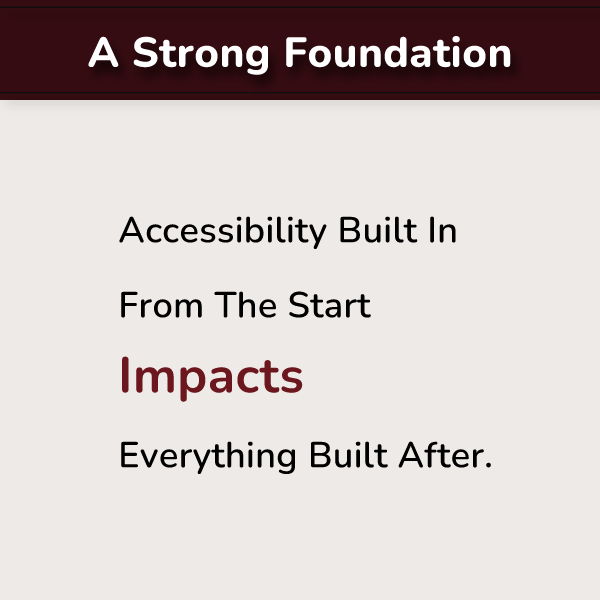 A heading reads, 'A strong foundation'. The remainder says, 'Accessibility built in from the start impacts everything built after.'